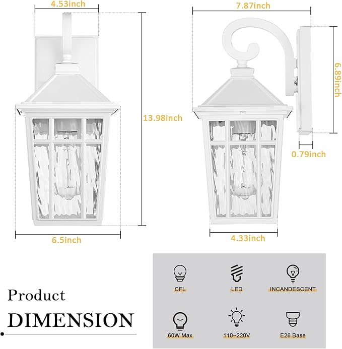 Darkaway Outdoor Wall Lights for House Exterior Lighting Fixtures Wall Mount Outside Porch Lights Waterproof White Outdoor Sconce Lights with Water Ripple Glass for Patio Garage Front Door