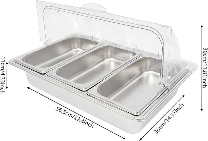 3-Compartment Stainless Steel Food Display Server with Clear Roll-Top Lid &amp Buckles Countertop Buffet Pan for Restaurant Hotel Kitchen Party 2.38 Gal
