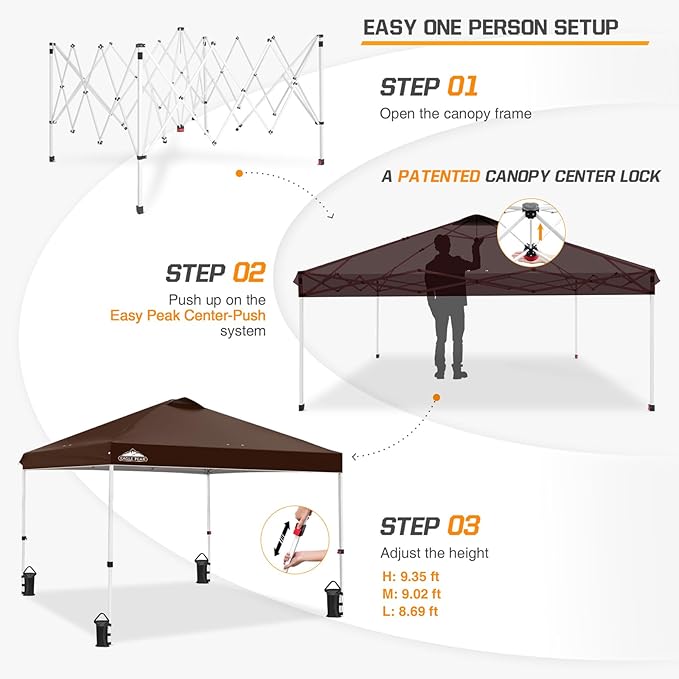 EAGLE PEAK Pop Up Canopy Tent with Wheeled Carry Bag 8 Stakes 4 Ropes 4 Weight Bags Easy Set Up Tent Canopy 10x10 ft 100sqft of Shade Brown