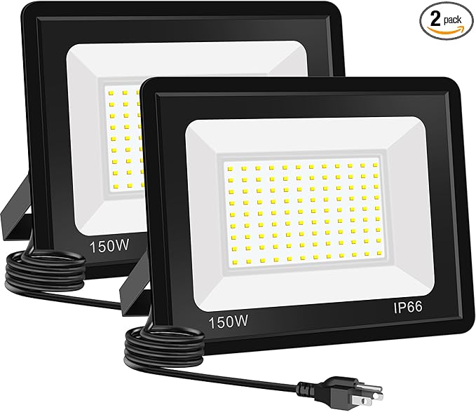 2Pack 150W Flood Light Outdoor Work Light with 5FT US PlugIP66 Waterproof Exterior Security Lights5000K Daylight White Outside Floodlights Slim Design for Playground Yard