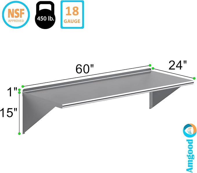 AmGood 24 X 60 Stainless Steel Wall Shelf | Metal Shelving | Garage Laundry Storage Utility Room | Restaurant Commercial Kitchen | NSF