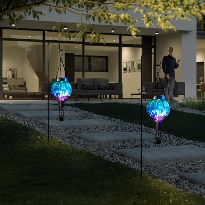 2 Pack Solar Balloon Lanterns Hanging Lights Hot Air Balloon Solar Lantern Outdoor Waterproof Decor for Garden Patio Yard Art Glass Lanterns Mother's Day Gifts(Gradient Green)