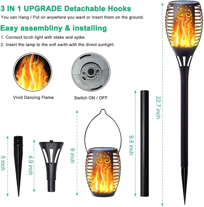 4Pack Solar Torch Light with Flickering Flame Upgraded 3in1 Solar Lights Outdoor Hanging Lantern Waterproof Landscape Decoration Lighting for Garden Yard Pathway Driveway Auto On/Off