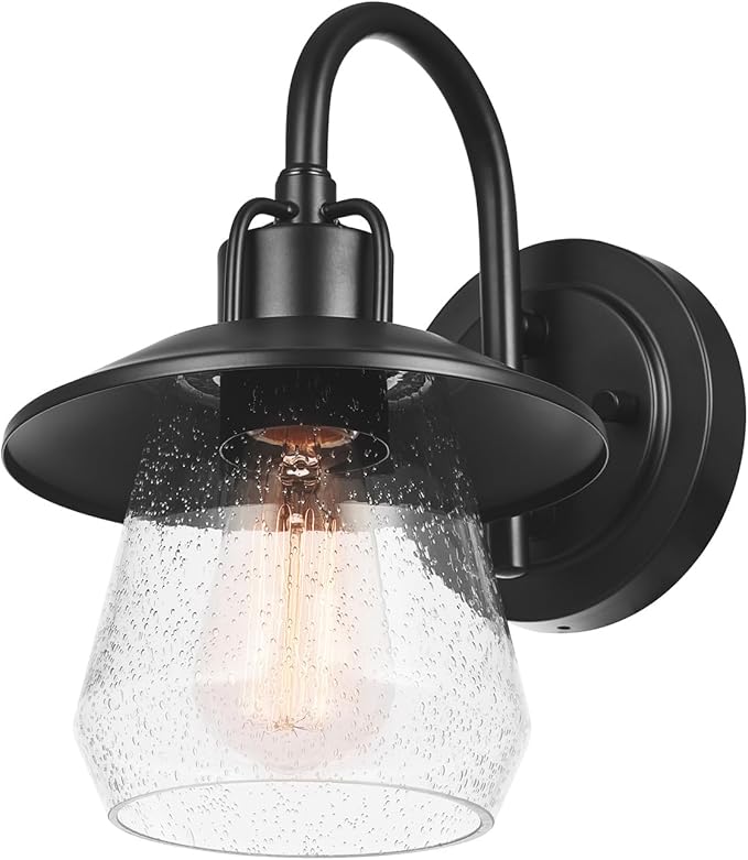 Globe Electric 60000012 1-Light Outdoor Wall Sconce Matte Black 7 Seeded Glass Shade Curved Stem Porch Light Wall Lighting Patio Décor