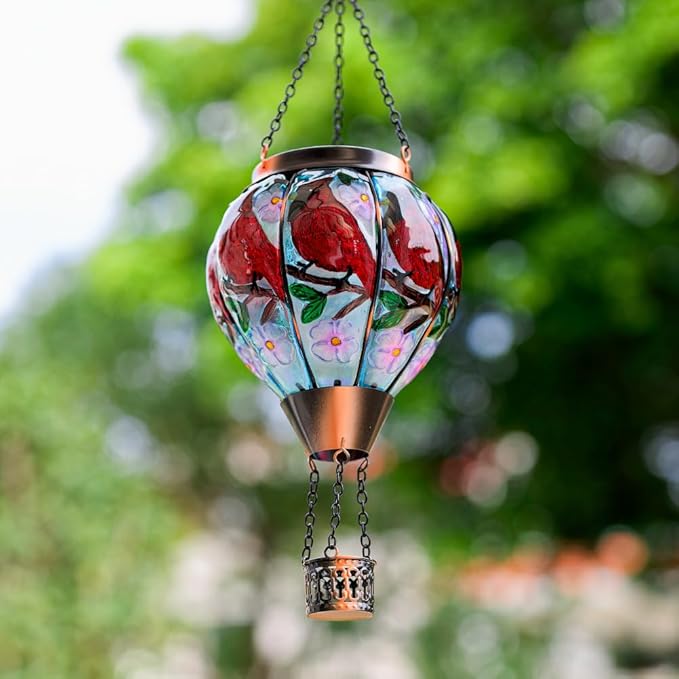 DREAMSOUL Cardinal Hot Air Balloon Solar Lantern Hanging Solar Lanterns Outdoor with Flickering Flame Light Glass Outdoor Lantern Waterproof for Patio Yard Party Gift Decor