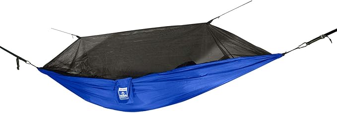 Oak Creek Lost Valley Camping Hammock. Bundle Includes Mosquito Net Rain Fly Tree Straps Compression Sack. Weighs Four Pounds Perfect for Camping. Lightweight Nylon Single Hammock. Blue and Gray