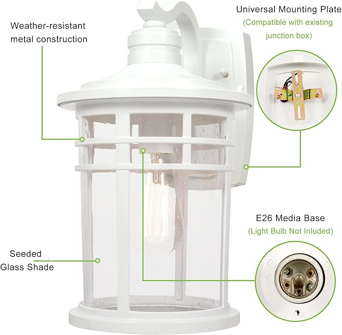 Darkaway Large Outdoor Porch Lights Wall Mount 15inch Outdoor Wall Sconces with Seeded Glass Waterproof Exterior Lights for Patio Yard House Hallway Doorway Garage(Large White)