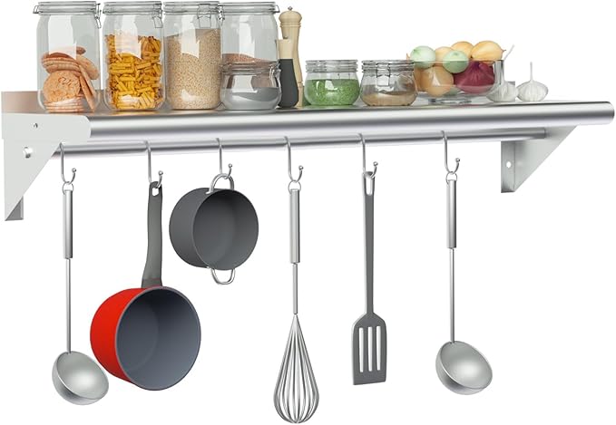 Treshin Stainless Steel Shelf with 6 Hooks 12 x 48 Inches Commercial Wall Mount Floating Shelving Storage Pot Rack for Restaurant Kitchen Home Bar and Hotel
