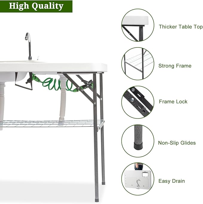 VINGLI Folding Fish Cleaning Table with 2 Sink Outdoor Portable Camping Table with Grid Rack &amp Sprayer Cutting Table with Drainage Hose Stainless Steel Faucet for Patio Backyard BBQ