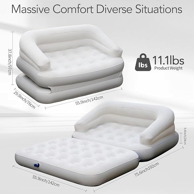 Full Size Inflatable Sofa Bed with Air Pump2-in-1 Blow-Up Couch and Folding Air Mattress Bed for HomeCampingand Guests