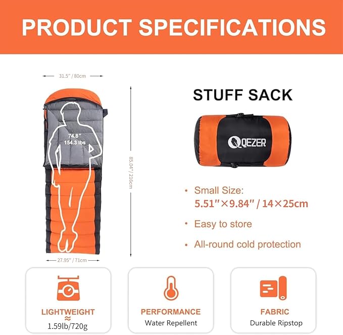 Ultralight Down Sleeping Bag for Adults - 600 Fill Power Cold Weather Backpacking Camping Hiking