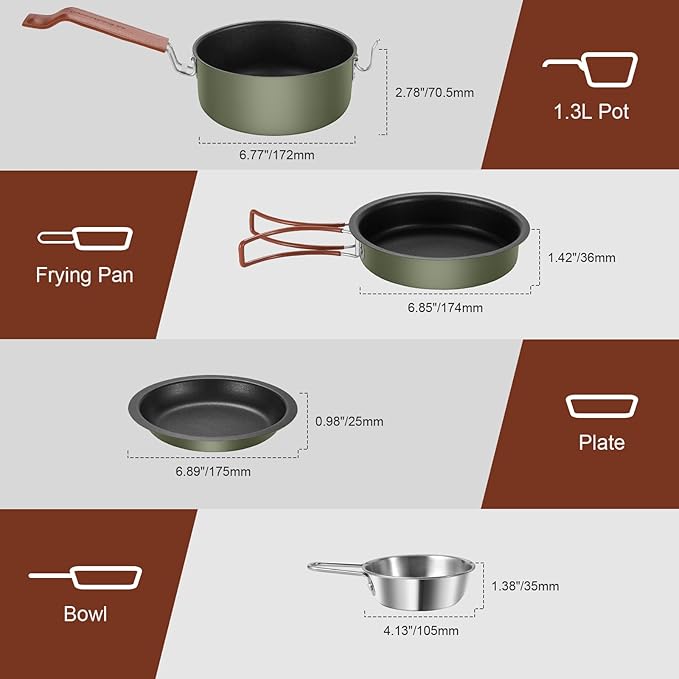 Odoland 10pcs Camping Cookware Non-Stick Camping Pot and Pan Set with Plate Bowl Fork Knife Spoon for Backpacking Hiking Outdoor Cooking and Picnic