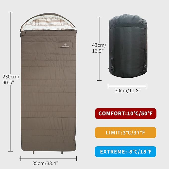 Mountainlodge Peach-Skin Shell and Cotton Lining Sleeping Bag for Adult Cold Weather&ampWarm with Compression Bag&ampCarry Bag and Detachable Hood for CampingTravel and Car Camping