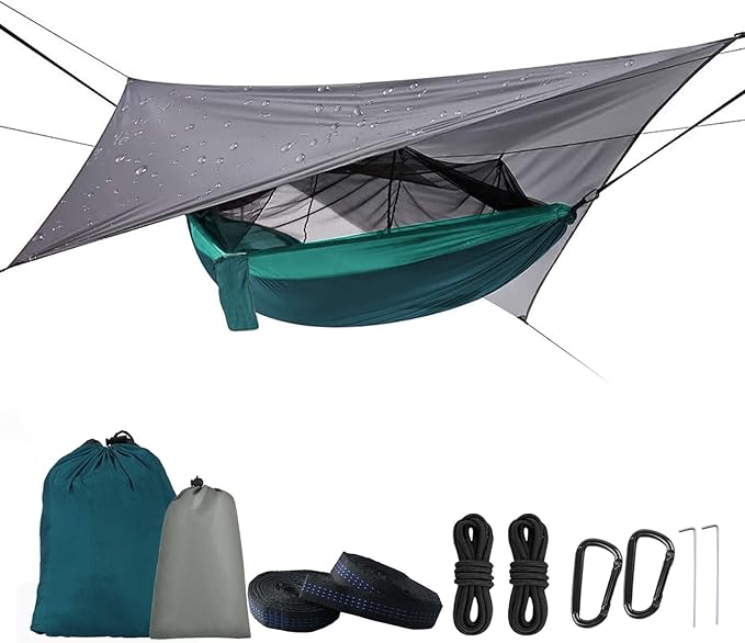 Camping Hammock with Mosquito Net &amp Rain Fly Tent Tarp &amp Tree Straps Portable Strong Nylon Hammock Parachute Tent w/Storage Bag for Camping Hiking Backyard Outdoor Backpacking Travel