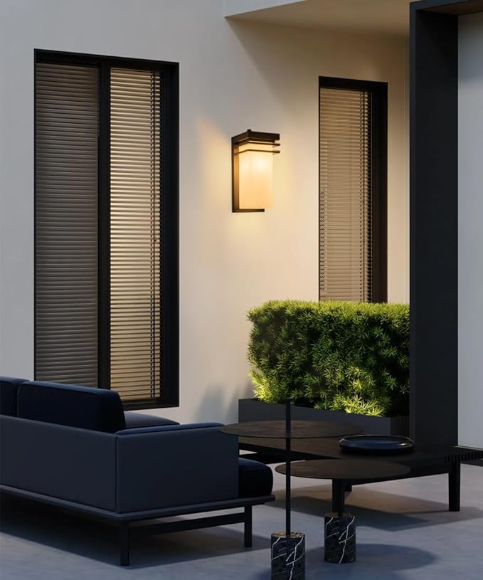 Dusk to Dawn Outdoor Wall Sconce Black Modern Wall Lights Fixture with White Frosted Glass 12 inch Exterior Porch Sconce Lighting Wall Mount for House Patio E26 Base