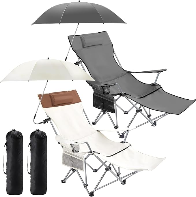 2 Set Reclining Camping Chair with Umbrella Clamp Adjustable Beach Chair with Foot Rest SPF 50+ Folding Shade Camping Lounger Recliner for Adult Outdoor(Grey WhiteOxford)