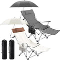2 Set Reclining Camping Chair with Umbrella Clamp Adjustable Beach Chair with Foot Rest SPF 50+ Folding Shade Camping Lounger Recliner for Adult Outdoor(Grey WhiteOxford)