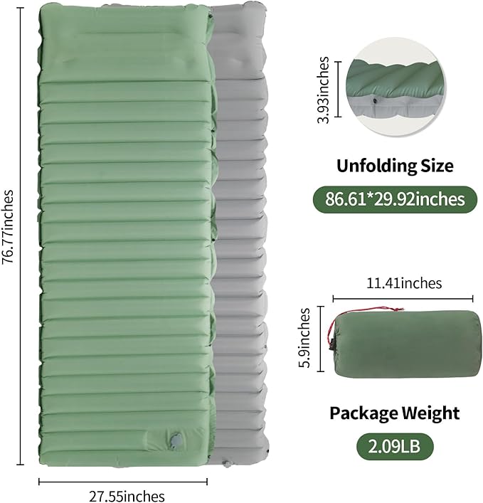 Camping Sleeping Pad - Camping Mattress 4 Thick Ultra-Light Pillow Built in Foot Pump Thickened and Silent Anti-air Leakage Hiking Camping Family Trips Green