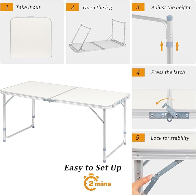 Portable Camping Table with Carrying HandleOutdoor Folding TableFolding Dining Tablefor Camping and Party (White 4ft)
