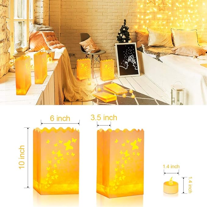 50 PCS Butterfly Luminary Bags &amp 50 PCS Battery Tea Lights White Luminary Bags with Flameless Candles LED Lamp Holiday Gift Flameless LED Tealight for Outdoor Christmas Thanksgiving Decorations