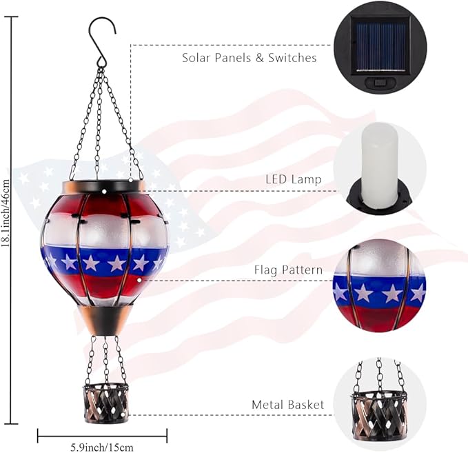 DREAMSOUL 2 PCS Flag Solar Hot Air Balloon Lantern with Flame Hanging Waterproof Solar Lanterns Outdoor Waterproof Flag Day for Patio Garden Decor Fourth of July Decorations
