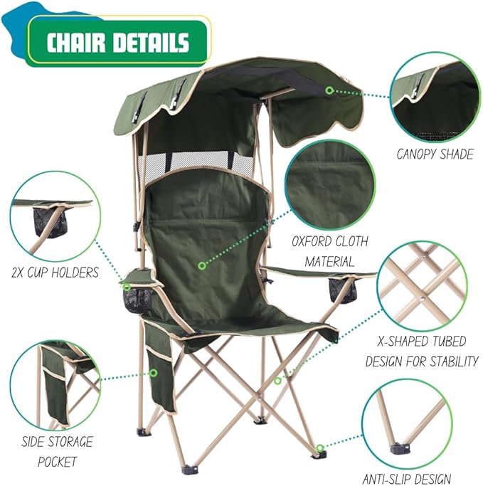 EZONE Folding Canopy Camp Chair for Outdoors Shade Canopy Portable Chair Camping Tailgates Beach Pool Lawn Chair Sunshade Travel Chair Folding Camping Chair (Upgraded - Olive Green)