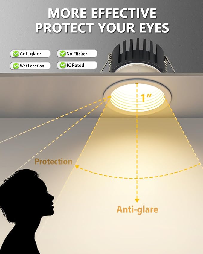 Adetu 2 Inch 5CCT Anti-Glare LED Downlight with Junction Box 2700K/3000K/4000K/5000K Selectable CRI90+ 8W COB 840LM IP65 Waterproof Dimmable-ETL and Energy Star Certified (White 6 Pack)