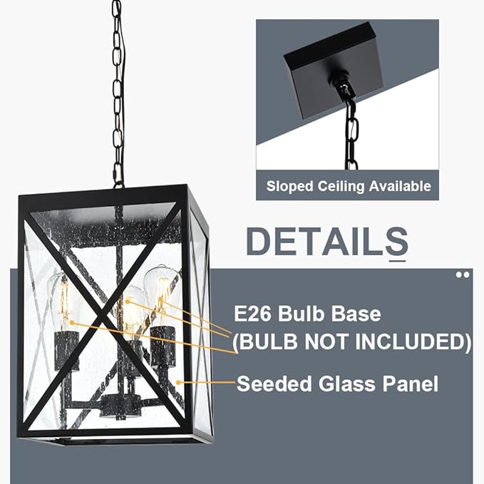 TODOLUZ Large Outdoor Pendant Light Black Exterior Ceiling Porch Light with Seeded Glass Panel Outdoor Chandelier Hanging Lantern for Garage Entryway Patio Front Door