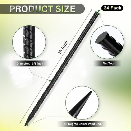 16 Inches Rebar Stakes(24pcs) Heavy Duty Straight Metal Ground Anchors with Chisel Point Ends for TimberConcretePlant SupportCamping Tents3/8 Inch Thickness Garden StakesBlack