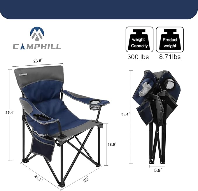 CAMPHILL Oversized Portable Camping Chairs Collapsible Outdoor Chairs with Pocket and Cup Holders Carry Bag for CampingTailgatesBeachand Sports