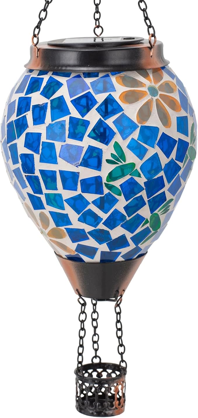Hummingbird Solar Hot Air Balloon Lantern with Flame Blue Hanging Mosaic Solar Lantern Outdoor Waterproof Outdoor Solar Lights for Yard Gardening Gift for Mom Grandma Women