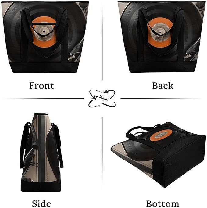 Insulated Shopping BagLarge Reusable Cooler Bags Vintage Vinyl Record Printed Foldable Shopping BagTravel Waterproof Shoulder Bag