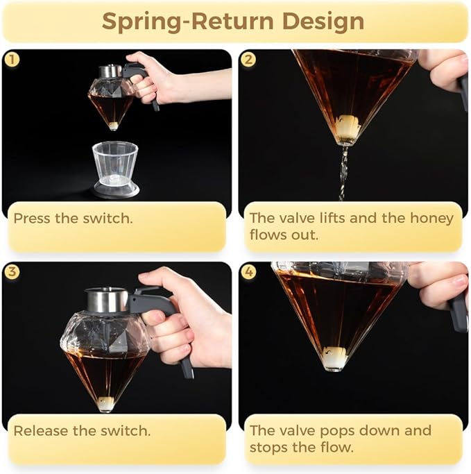 Honey Dispenser Elegant Glass Syrup Pot Drip-Free Honey Jar with Stand Perfect for Pancakes Oils Vinegar Soy Sauce and More