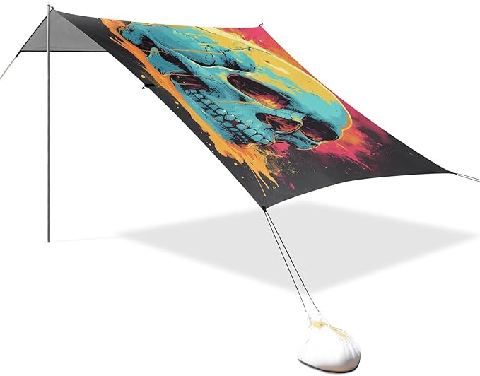 ALAZA Skull Head Art Beach Tent Sun Shelter UPF50+ Protection Beach Shade Canopy w/ 4 Sandbags for Outdoor Camping Fishing Backyard Fun Picnic 10x9 ft