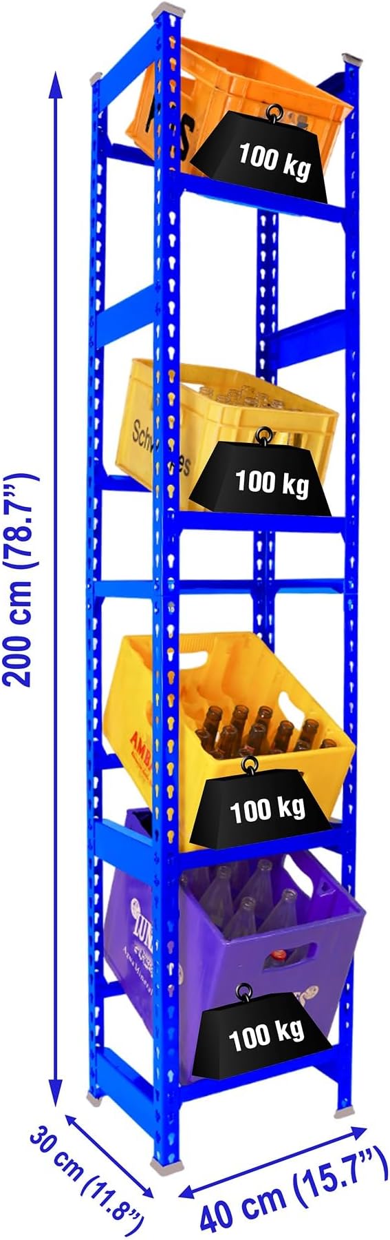 Simon Rack Drinks Crate Rack for 4 Crates 2000 x 400 x 300 mm Blue Freestanding Metal Shelf for Water Crates Beer Crates or Drinks Crates for Kitchen Garage or Cellar