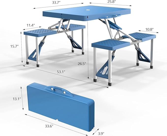 4Ft Folding Camping Picnic Table with 4 Chairs with Umbrella Hole Lightweight Suitcase Card Table-220 Lbs Support Aluminum Frame Plastic RV Tabletop for Outdoor Party Beach and Backyard