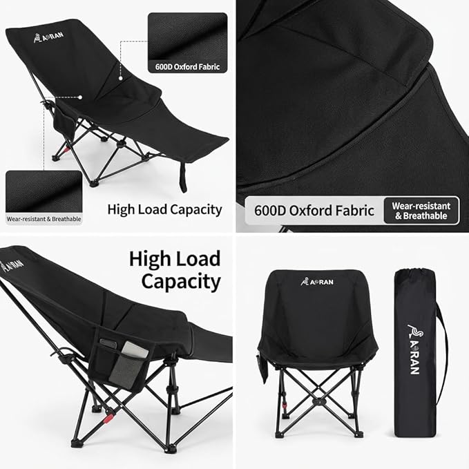 Orlan Outdoor Folding Chair Convertible for Sitting and Lying with FootrestBlack Two-Piece Set 140kg Load Capacity No Assembly Required One-Second Open/Close Portable and Easy to Store