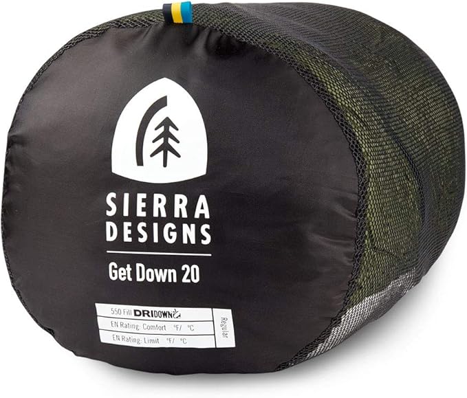 Sierra Designs Get Down 20 Degree Long Sleeping Bag - 550 Fill Power DriDown (PFC Free) Mummy Style Camping &amp Backpacking Sleeping Bags for Men &amp Women Stuff Sack Included