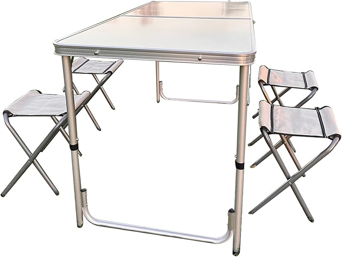 Aluminum Folding Camping Table Set with 4 Stools Adjustable Height