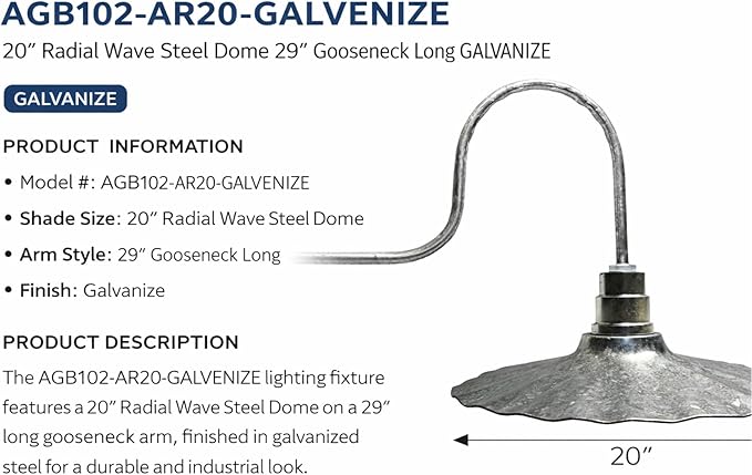 AGB102-AR20-GALVENIZE Radial Wave Steel Dome 29 Gooseneck Barn Light - Outdoor Dome with Incandescent Downlight | Wall-Mount Fixture Gardens Pathways &amp Outdoor Living Spaces