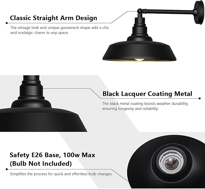 12 Outdoor Gooseneck Barn LightBlack Farmhouse barn Wall Light Waterproof Exterior Light Fixture for Garage Porch Patio or Shed