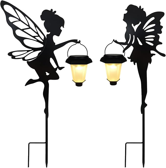 Solar Fairy Garden Stake Decorative Lantern 2 Pack Metal Fairy Angel Garden Silhouette Lights for Lawn Pathway Patio Yard Outdoor Decor