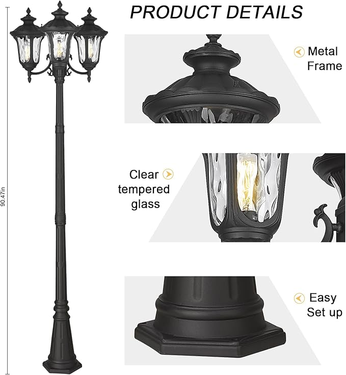 Outdoor Lamp Post Light Black Outside High Pole Light 3-Head Waterproof Modern Exterior Street Lamp Road Lighting Fixture for Garden Backyard Patio Lawn Pathway Driveway