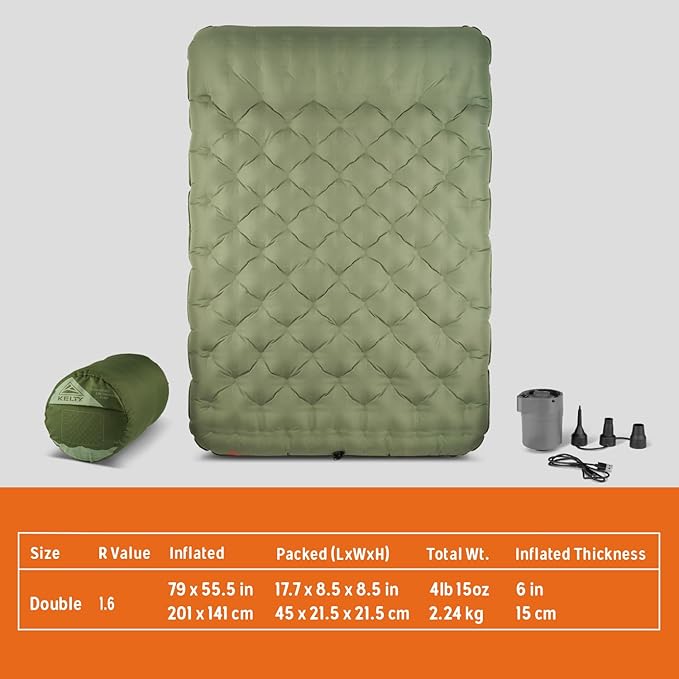 Kelty Kush Queen Air Bed W/Battery-Powered Pump PVC-Free Queen Air Mattress Comfy and Plush 6-inch Pad Carry Bag Included - Indoor/Outdoor Camping Air Bed