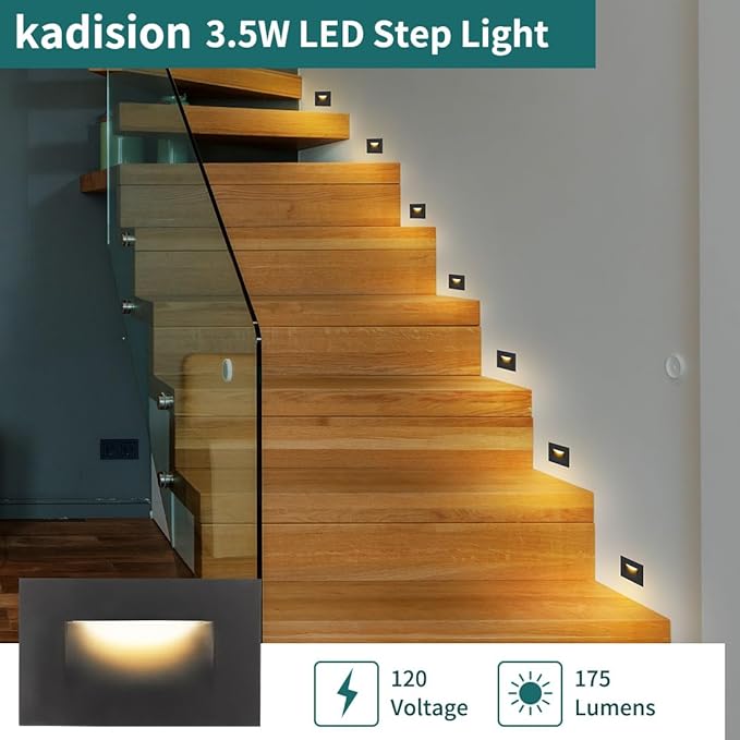 kadision 120V Dimmable LED Step Lights 3000K/4000K/5000K Selectable 3.5W 175lm Indoor Outdoor Stair Lights Aluminum ORB Finish 12 Pack