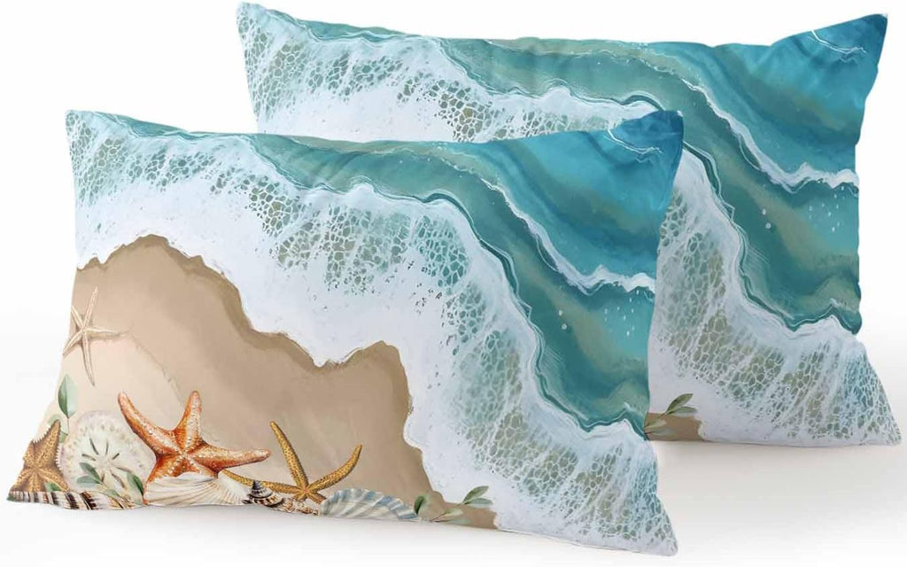 Outdoor Pillows Waterproof Coastal Beach Ocean Bedding Throw Pillows with Insert for Couch Sofa Bed Nautical Starfish Shells Conch 12x20 Inch Pillowcases Camping Patio Pillow Set of 2
