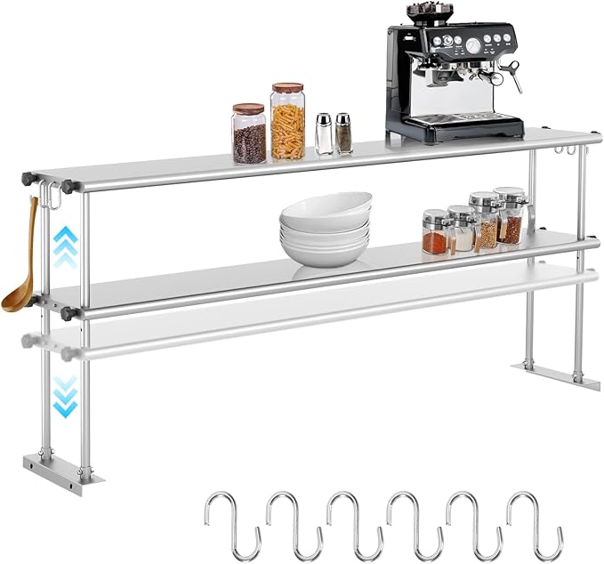 Double Overshelf of Stainless Steel 12'' x 72'' Weight Capacity 480lb Adjustable Commercial 2 Tier Shelf for 72 Prep &amp Work Table in Restaurant Home and Kitchen and Workshop