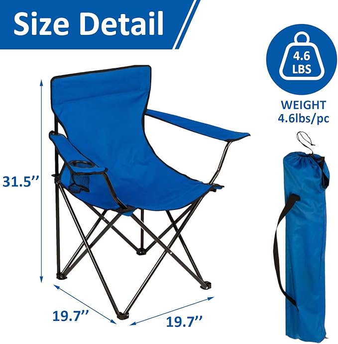 Folding Camping Chair with Cup Holder 225lbs Capacity Portable Foldable Chair with Large Anti-Sink Feet PE Coated Fabric for Outdoor Beach Fishing Backpacking Blue 2PCS