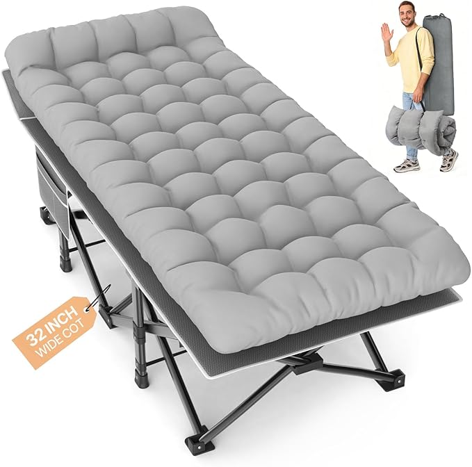 Slendor XXL Folding Camping Cot for Adults with Mattress Pillow Carry Bag 32 inch Extra Wide Portable Sleeping Cot 900LBS Support Outdoor Cot Bed for Office Nap Beach Travel RV
