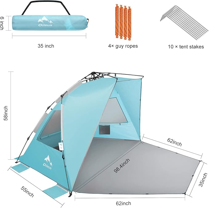 Oileus XX-Large Pop Up Beach Tent Sun Shelter for 5-6 Person Portable Sun Shade Instant Tent for Beach with Carrying Bag Stakes 6 Sand Pockets Anti UV for Fishing Hiking Camping Sky Blue